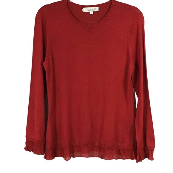 Emanuel Ungaro Silk True Red Crewneck Pullover Ruffle Hem Pullover Sweater sz M - Picture 1 of 8